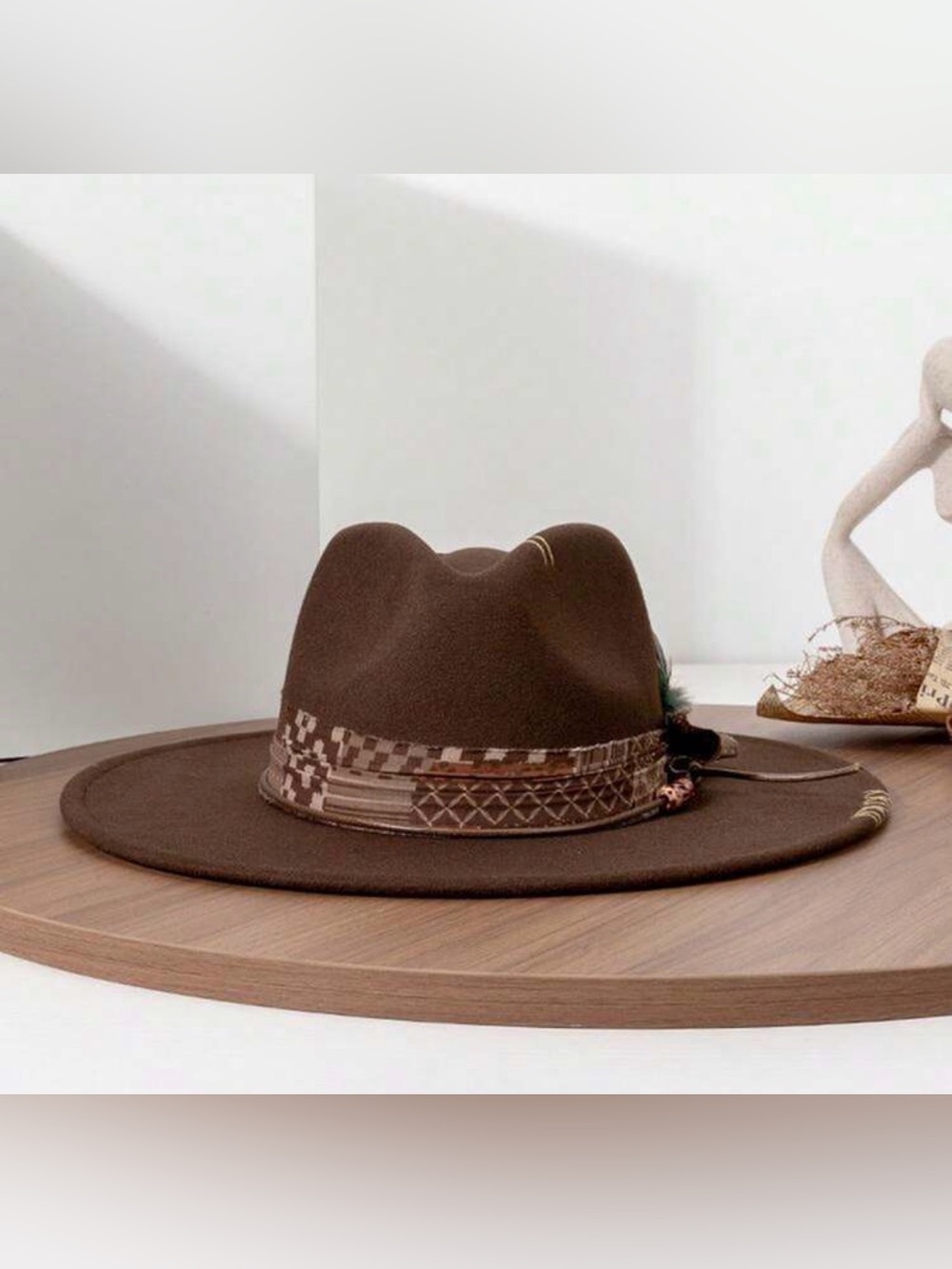 Brown Felt Wide-Brim Modern Cowgirl Hat with Decorative Band
